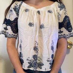 White Peasant Blouse Navy Blue Embroidery. Elastic Neckline